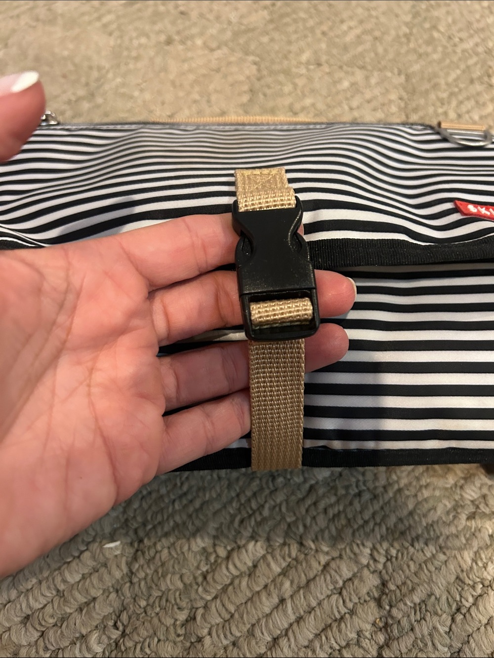 Skip Hop Black & White Striped Men's Toiletry Bag with Tan Accents - Picture 2 of 11